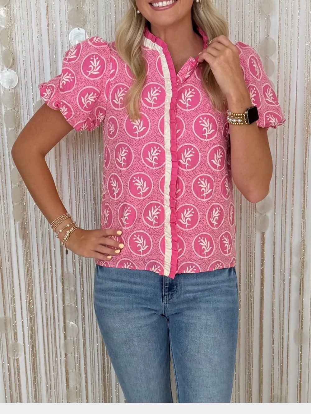 TCEC Pink Printed Ruffle-Trim Puff Sleeve Blouse